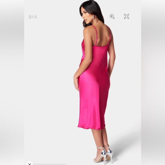 SATIN COWL NECK SLIP MIDI DRESS IN FUSHIA - Picture 2 of 10